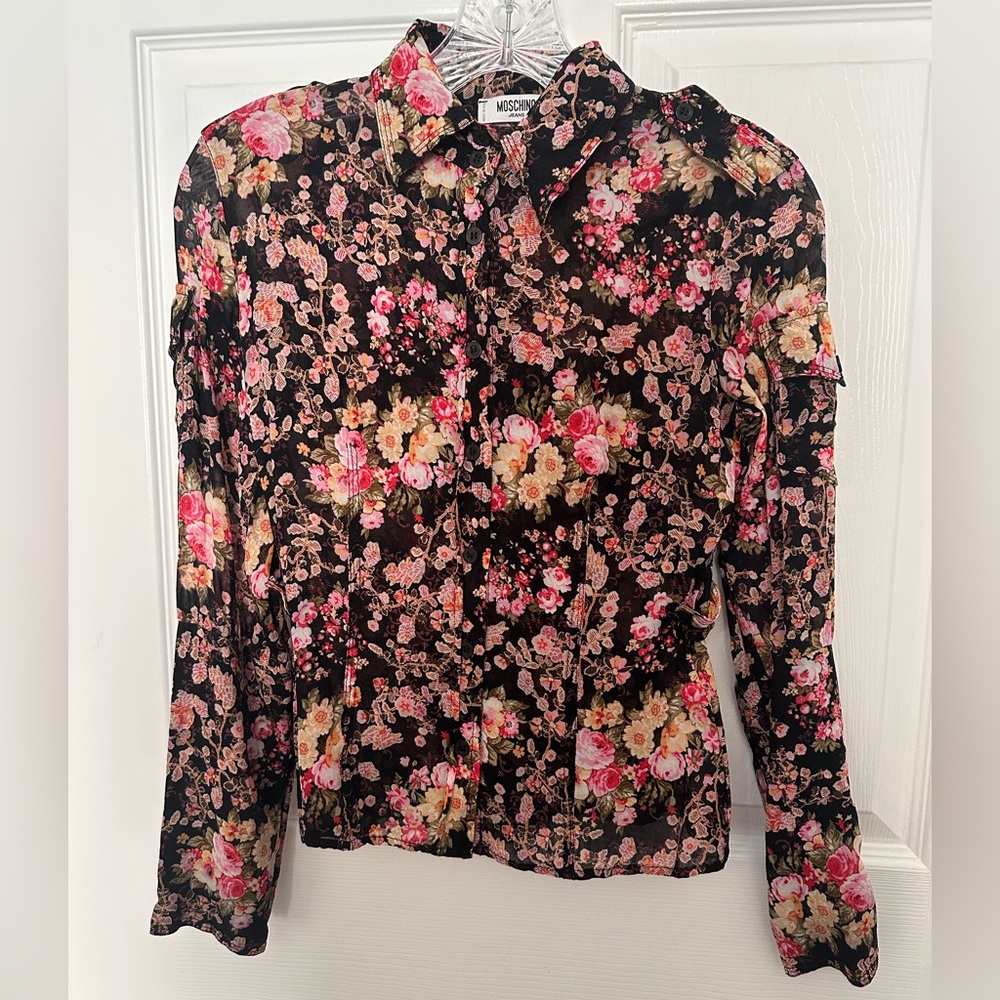 Vintage Moschino Floral Button-Up Blouse in Black with Pink & Cream Roses Sz:6